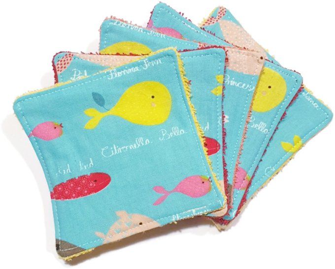 Lot de 5 lingettes lavables pour bébé  "les poissons"