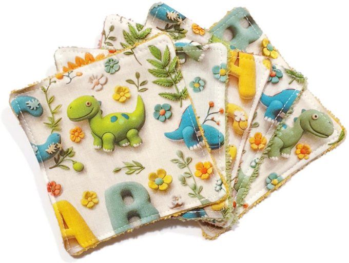 Lot de 5 lingettes lavables pour bébé  "les dinosaures "