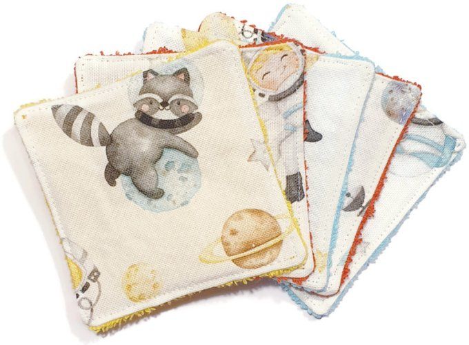 Lot de 5 lingettes lavables pour bébé  "les animaux dans l'espace "