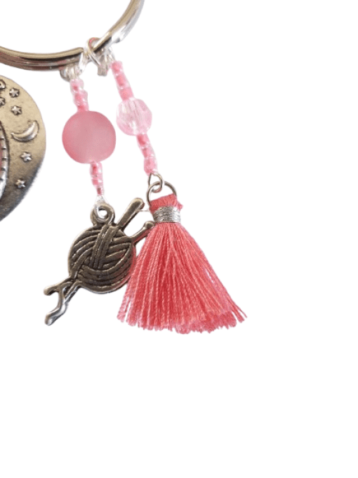 Porte clefs  forme de cœur "J'peux pas j'ai tricot " rose